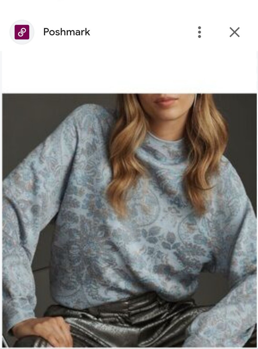 Anthropologie Powder Blue Paisley and MettalicCrewneck Sweater Size S
